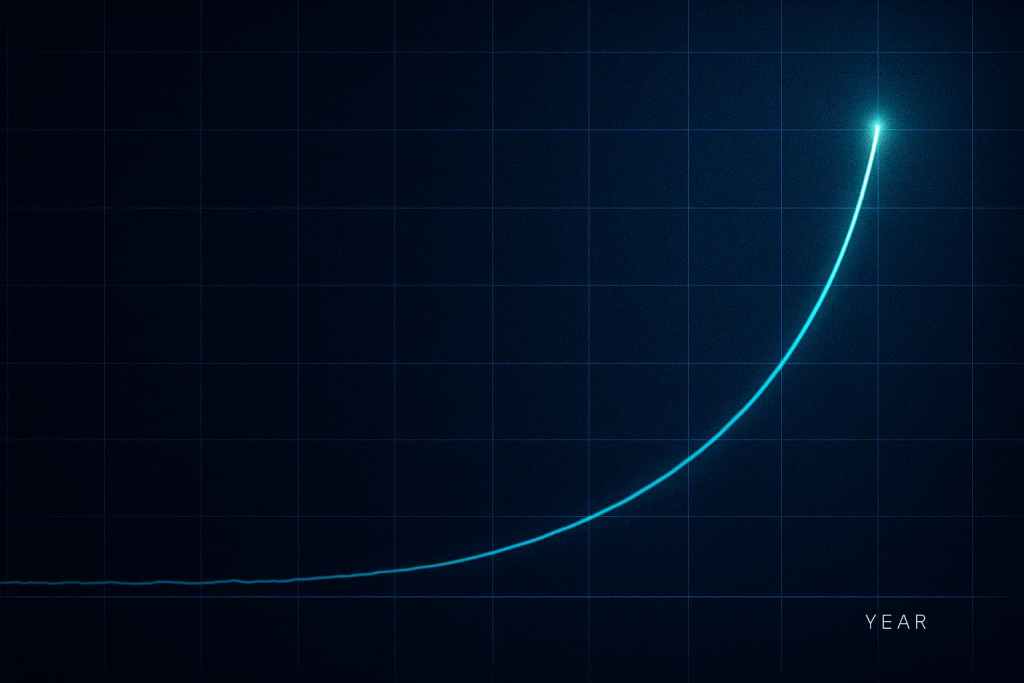 Gráfica financiera horizontal con línea de crecimiento exponencial en tonos azul neón sobre fondo tipo Bloomberg, que representa el poder del interés compuesto, la paciencia en las inversiones y el crecimiento de largo plazo.